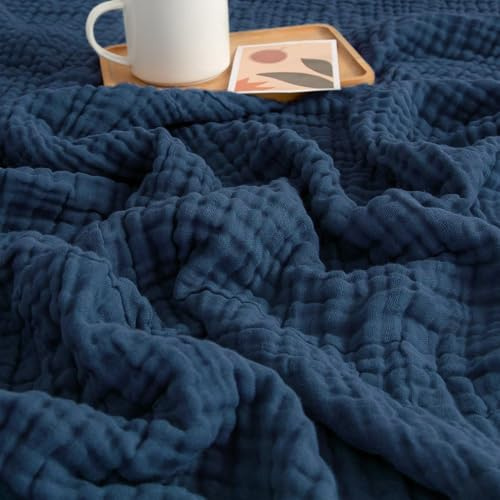 MeYuxg Musselin Decke 150 x 200cm, Muselindecke Erwachsene,100% Baumwolle Throw Blanket, Musselin Sommerdecke, Musselins Tagesdecke, Musselins Bettdecke für Bett & Sofa, Ganzjahresdecke (Dunkelblau)