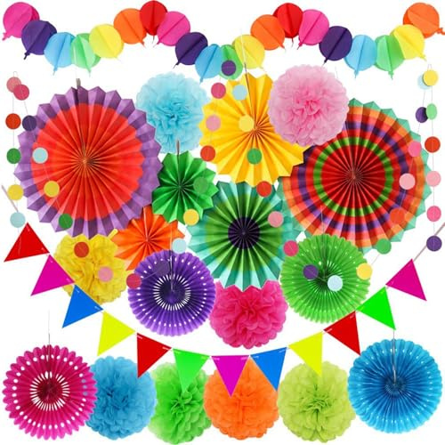 Bangbobi Einschulung Deko Papier Fächer Blumen – Schulkind Mädchen Junge Deko Set mit Girlande, Pompons & Schulanfang Deko für Einschulungsfeier, Schuleinführung & Geschenke