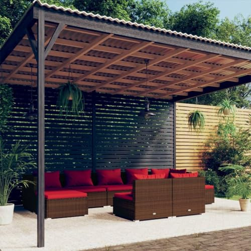 9 pezzi LG. Set salotto da giardino in polyrattan marrone con cuscino rosso cannella, modulare per esterni, per terrazza, balcone, piscina