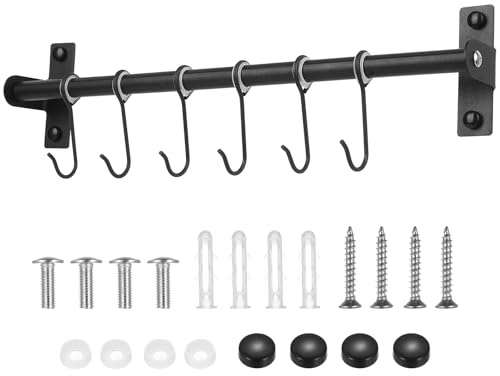 1 PcsKitchen Utensil Rack with Hooks, Wall-mounted Kitchen Rails with 8 Hooks, Black Stainless Steel Wall Mounted Utensil Holder for Mug Cup Cooking Pan Pot Bathroom Kitchen Utensils Holder Hanger