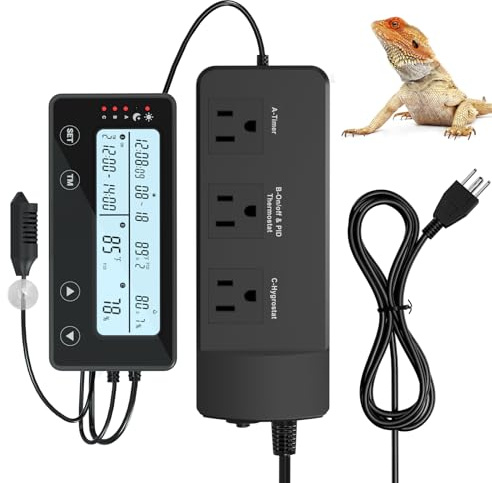 SUKEOPET Reptile Temperature Controller with Timer, PID Reptile Digital Thermostat, 3-Channel Thermometer Hygrometer w/Memory, 2 IN 1 Day Night Temperature Humidity Gauge for Heat Lamp Bulb Humidifier