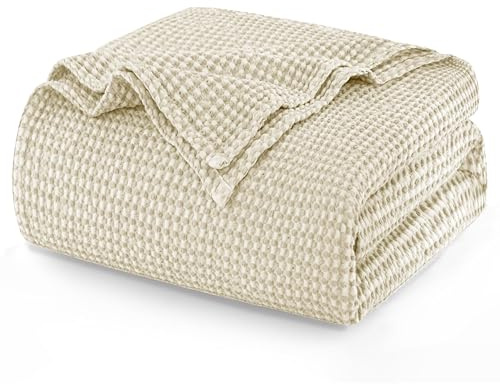 Talasily 100% Baumwolle Decke 130 x 150 cm, Weiche und Atmungsaktive Tagesdecke, Waffelmuster Leichte Decke als Sofadecke Couchdecke, Weich Kuschelige Wohndecke Wohnzimmer, Sofa Couch Beige