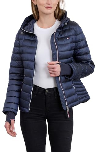 Tommy Hilfiger Leichte verstaubare Pufferjacke für Damen mit Kapuze und Tasche