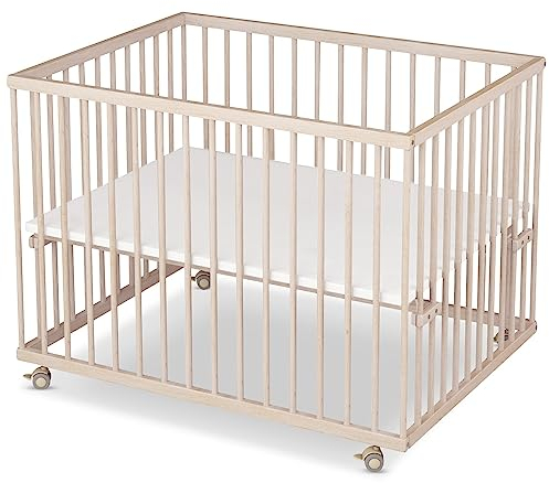 Sämann Laufstall Baby 75x100 cm | TÜV geprüft 2023 | stufenlos höhenverstellbar | Laufgitter Premium | Babybett aus Holz | Krabbelgitter Komplettset Natur