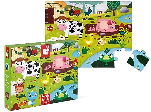 Janod Tast-Puzzle für Kinder, Die Bauernhoftiere, 20 Teile, davon 7 mit Textur, Lern- und Tastspiel, Tastsinn, Feinmotorik und Konzentration, ab 2 Jahren, J02772