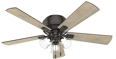 Hunter Crestfield 54208 - Ventilador de techo para interiores de 52 pulgadas con luces LED y cadena de tracción, montaje de perfil bajo, 5 aspas, para dormitorio, sala de estar o cocina, silencioso