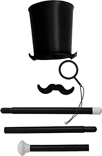Unisex Viktorianisches Zubehör-Set – schwarzer Satin-Glockenhut, Monokel, gefälschte Lockenstab, Gehstock