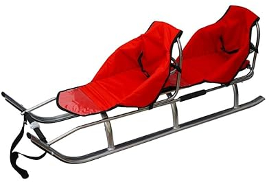 2in1 Kinder Duo Schlitten aus Aluminium mit Rückenlehne, Matrazen, LED für Kinder und Erwachsene 2 Personen Tragfähigkeit bis 100kg (Silver/red)