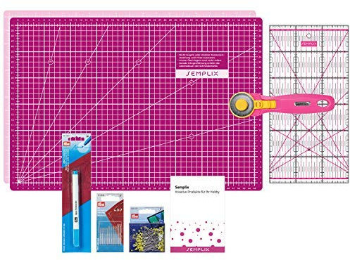 SEMPLIX Patchwork Starter Set mit Schneideunterlage (A3), Rollschneider Maxi, Lineal + Nähnadeln, Stecknadeln & Trickmarker (pink/Beere)