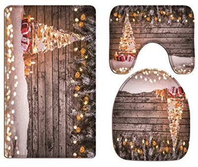 A.Monamour Badezimmer Badematte 3 Teilig Set Christbaumschmuck Auf Hölzernen Planken Fotografie Hintergrund Flanell Saugfähig Badteppiche Badvorleger Badgarnitur Wc Vorleger