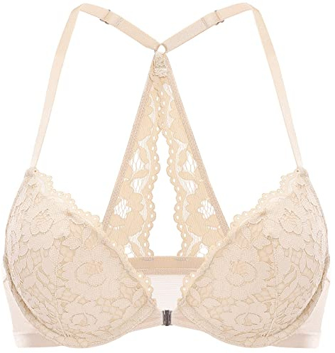 DOBREVA Damen Vorderverschluss Push up BH mit Bügel | Spitzen BHs, Neckholder, Racerback, Tiefer Ausschnitt, Gepolsterter