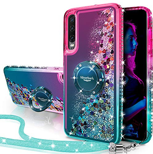 Miss Arts für Huawei P30 Hülle,[Silverback] Mädchen Glitzern Handyhülle Hülle mit Drehendem Ringständer, Cover Silikon Flüssigkeit Clear Schutzhülle für Huawei P30 -Grün