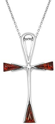 Kiara Jewellery Halskette mit Kreuz-Anhänger aus 925er Sterlingsilber, brauner Bernstein, 45,7 cm lange Sterlingsilber-Kette.