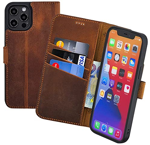 Suncase Book-Style Hülle kompatibel mit iPhone 12 Pro (6.1) Leder Tasche (Slim-Fit) Lederhülle Handytasche Schutzhülle Case mit 3 Kartenfächer in antik-Coffee