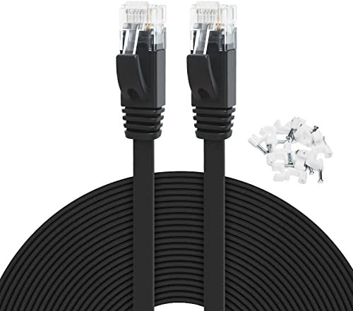 Yauhody Cat 6 Cable Ethernet 22 Metros Cable de Red Plano, RJ45 Cable LAN Blindado Gigabit Internet Cable Red para Módem, Router, PC, TV, Switch, PS4/5 (con clips de cable, Negro)