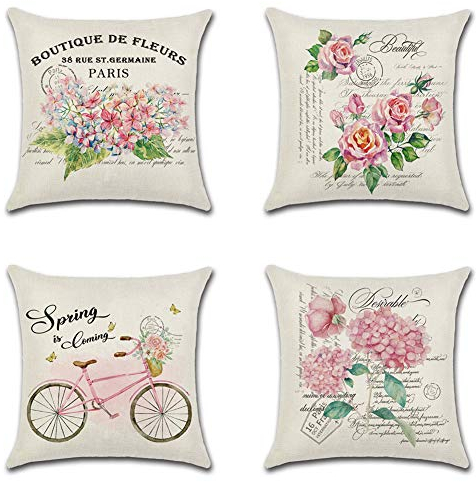 Artscope Frühlings-Serie Kissenbezug Rosa Blumen Schmetterling Kissenbezüge Baumwolle Leinen Dekorative Kissenhülle Fall Kissen für Sofa Couch Haus Dekor 45x45cm, 4er Set