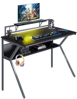 Neo Ergonomic 2 Tier Gaming Gamer Racing Computer Office Desk Table with Headphone Hook Monitor Stand & Shelf (Grey)