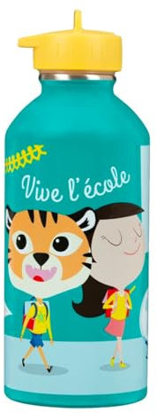 Gourde enfant Acier inoxydable DRAEGER PARIS - Facile à nettoyer - gourde réutilisable - Idéale pour parc, école - Contenance 300ml - 17 cm x 6,5 cm - Vert turquoise - Message inscrit : Vive l'école