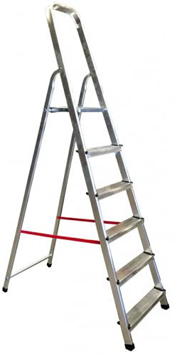 Escalera de Aluminio doméstica Ligera y Resistente, Apertura en Tijera, Plegable, con Cinta de Seguridad y peldaños de 8cm Antideslizantes, 6 PELDAÑOS. Uso Profesional.