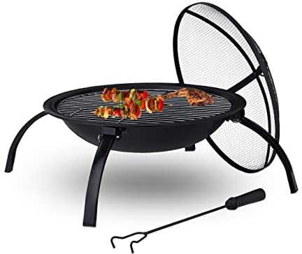 Relaxdays Brasero Exterior con Salvachispas, Cuenco Fuego, Atizador, Parrilla BBQ, Jardín y Terraza, 55,5 cm Ø, Negro