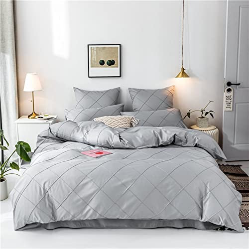 HAVOP Grey Duvet Cover Double Size Embossed Stripe Grid Geometric Quilt Cover Set Light Gray Soft Microfiber Easy Care Simple Style All Season Bedding Sets 200×200 cm