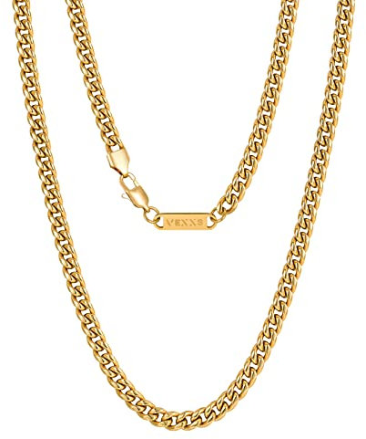 VEXXS Men's Gold Chain, 18K Real Gold Plated Miami Cuban Link Chain, Durable No Color Fading 3mm 4mm 6mm Men’s Necklace Chain Urban Fashion Street Wear