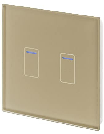 Retrotouch Crystal Touch Switch | LED Light Indicator | 2 Gang 1 Way 300W | Stylish Brass Glass Finish | Screwless Front | 35mm Back Box No-Neutral Required | Luxury Home & Bathroom Light Switches