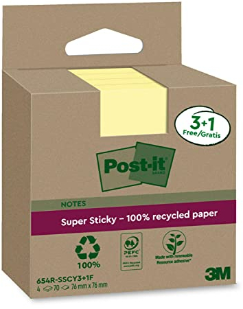 Post-it Super Sticky 100% Recycled Notes, Pack of 3+1 Free Pads, 70 Sheets per Pad, 76 mm x 76 mm, Canary Yellow - Extra Sticky Notes Made from 100% Recycled Paper