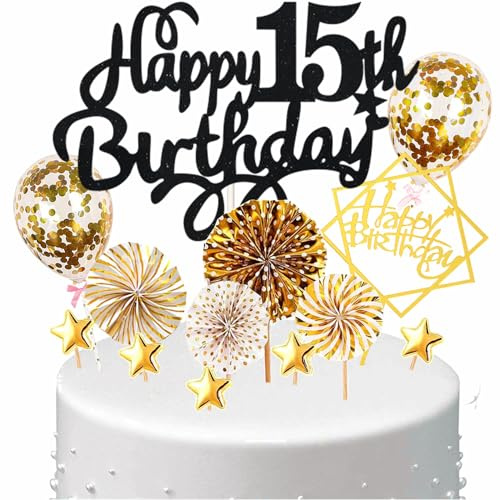 Conruich Tortendeko Happy Birthday Kuchen Topper 15. Geburtstag Junge Mädchen,Kuchendeko Happy 15th Birthday,Schwarz Cake Topper 15 Geburtstag Konfetti Ballon für Geburtstagstorte Deko 15 Jahre Kinder