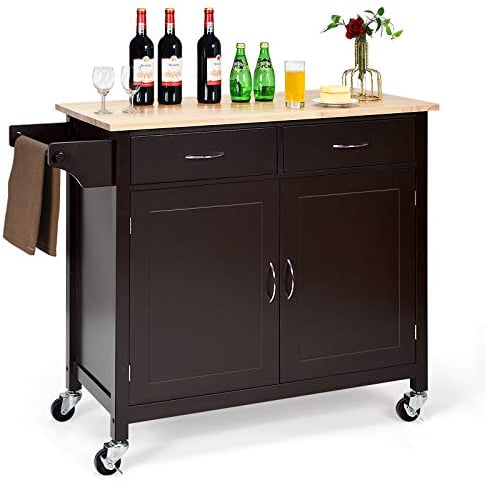 GOPLUS Desserte à rouletttes Cuisine, Chariot à roulettes en Bois avec Placard 2 Étagères et 2 Tiroirs, Porte-Serviettes, 109 x 48 x 90CM, Marron