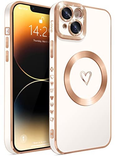 ECZOIL Compatible with iPhone 14 Plus Case MagSafe,Full Camera Lens Protection Luxury Electroplated Cute Heart Magnetic Case for iPhone 14 Plus for Women Girls-White