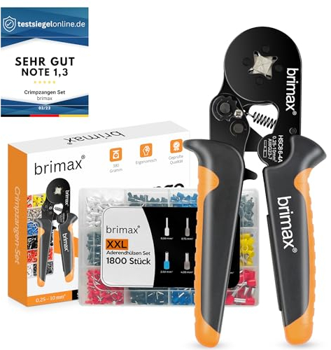 BRIMAX® Crimpzangen Aderendhülsen Set [1800 Stück] Vierkant Krimpzange | Geriffelter Griff | Crimpzange | Aderendhülsenzange für [0,25-10mm2] Crimpzange Set | Krimpzange | Elektrowerkzeug