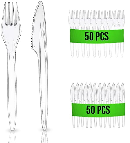 RAGO® Posate Plastica 100 pz. I PREMIUM Posate Plastica Riutilizzabili I Posate Viaggio Compleanno Picnic Ecologico- Trasparente - 50 forchette/50 coltelli
