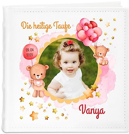 Maverton Einsteckalbum mit Aufdruck - Fotoalbum für 200 Fotos 10x15-50 Seiten - Größe: 21x22cm - Weiß - personalisierte Geschenke für Kind zur Taufe Geburt - Geburtstagsgeschenk