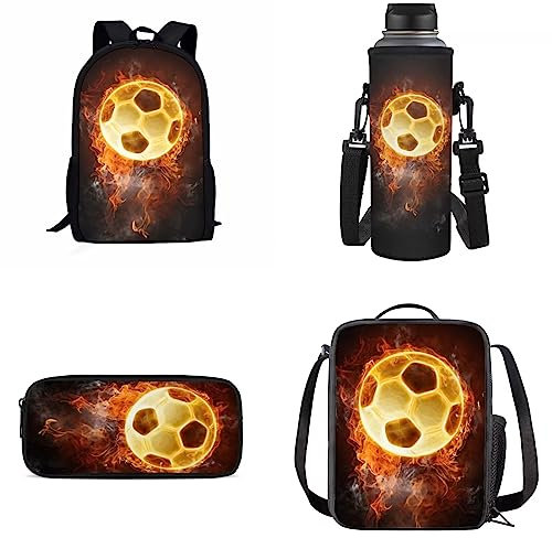 Howilath Fire Football Schwarz 4 Stück Doppel-Schultertasche mit Lunchbox Bleistifttasche Wasserflasche Tragetasche für Kinder Jungen Mädchen