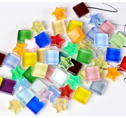 200g Bunte Kristall-Mosaik-Glasfliesen zum Basteln, Quadratisch und Stern kleine Mosaikglasstücke für Badezimmer, Küche, Heimdekoration(Gemischte Farbe)