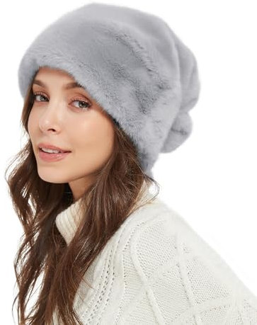 Frauen Faux Nerz Pelz Hut Santa Hut Slouchy Beanie Chunky Baggy Hat Winter Pelz Hut Warme Skimütze, grau, M