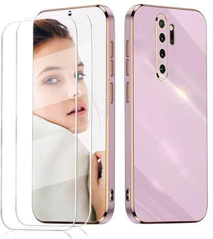 LENGRACE para Xiaomi Redmi Note 8 Pro Borde Chapado Carcasa con 2 Protector Pantalla,Galvánico Silicona TPU Anti-Choque Antigolpes Funda-Púrpura