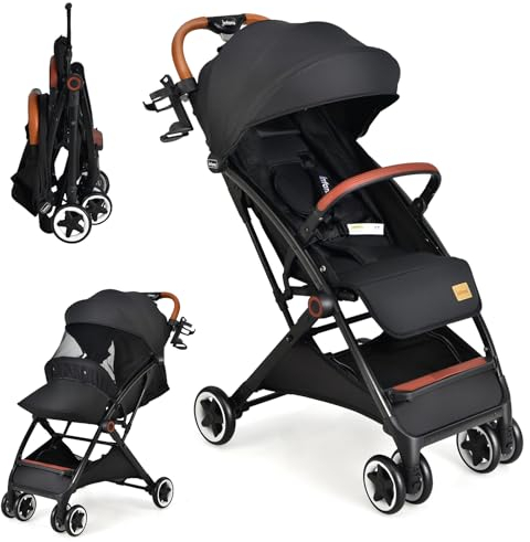 GOPLUS Kinderwagen klappbar, Kinderbuggy mit verstellbarer Rückenlehne und Verdeck & Aufbewahrungskorb & Becherhalter & 5-Punkt-Sicherheitsgurt, Reisebuggy für Babys 0-36 Monate (Schwarz)