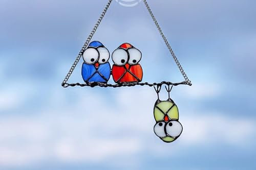 Cute Birds Stained Glass Suncatcher Birds Stained Glass Window Hangings for Home Decor (Owl)