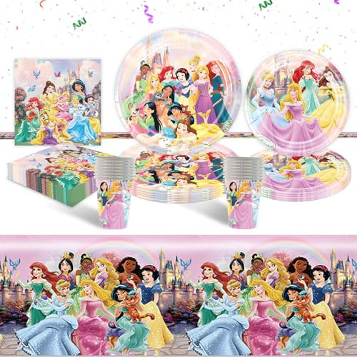 Prinzessin Partygeschirr Set- 51 Pcs Mädchen Prinzessin Geburtstag Deko Cartoon Pappteller Kindergeburtstag Partyzubehör Set Rosa Geschirr Party Supplies Teller Tischdecke Servietten Tassen 20 Kinder
