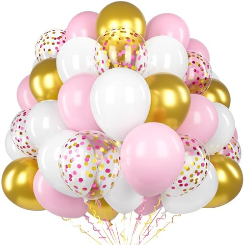 60 Pezzi Palloncini Rosa e Bianco, 12 Pollici Palloncini Pastello Rosa e Oro Lattice Palloncini Coriandoli per Compleanno Festa Compleanno Baby Shower Matrimonio Anniversario Fidanzamento Decorazione