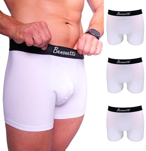 Benonetti Herren Boxershorts (3er Pack) aus Premium Baumwolle – Sportliche, atmungsaktive Männer- mit elastischem Bund (DE/NL/SE/PL, Alphanumerisch, M, Regular, Regular, Weiß)