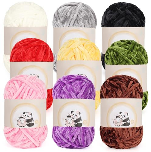 Aeelike 900g(9 x 100g) Chenille Babywolle zum Stricken mit Tasche, Weich Chunky Chenille Fluffy Yarn, Flauschige Samt Velvet Chenille Wolle zum Häkeln, Warme Plüschwolle für Mützen, Schals, Decken