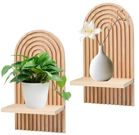 TOWEBOORY 2 Pcs Étagères en Bois pour la Décoration, Planche en Bois Décorative Bohème Étagère Murale en Bois Étagère à Plantes Décoration Mural pour la Cuisine, la Chambre, la Salle de Bain, Salon