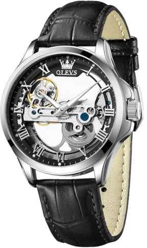 OLEVS Skeleton Automatische Herrenuhren Mechanisch Modisch Luxus Leder Wasserdicht Leuchtende Herren Armbanduhr