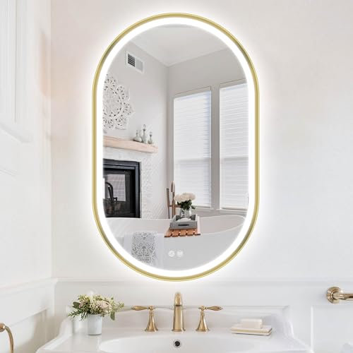 S'bagno Badspiegel mit Beleuchtung Oval 50x80 cm, LED Badezimmerspiegel mit Aluminiumrahmen, Nebelfrei, 3000-6500K, Memory-Funktion, IP44 Badezimmer Spiegel mit Beleuchtung Horizontal/Vertikal, Gold