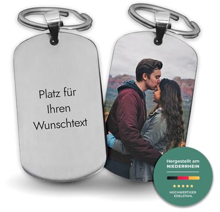 LAUBLUST Personalisierter Schlüsselanhänger mit Foto & Wunschtext inkl. Geschenkbox | Silbern, Edelstahl | Personalisiertes Geschenk zu Weihnachten, Valentinstag, Vatertag, Muttertag & Geburtstag