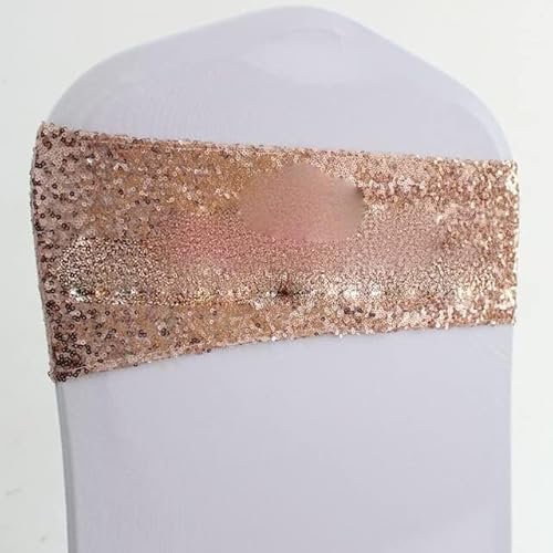 ceinture de chaise, Écharpes de chaise, 50 pcs or rose argent spandex paillettes chaise ceintures élastiques mariage paillettes chaise nœuds papillons hôtel événement fête décoration(Rose Gold)