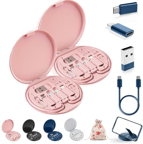 Humorous Neext 9 in 1 Cable Case, 9 in 1 Cable Case, USB Adapter Multi Charging Cable Kit, Multi-Functional Compact Cable Card, 60w Fast Charge for Outdoor Work Business Travel Trip (2pcs-Pink)